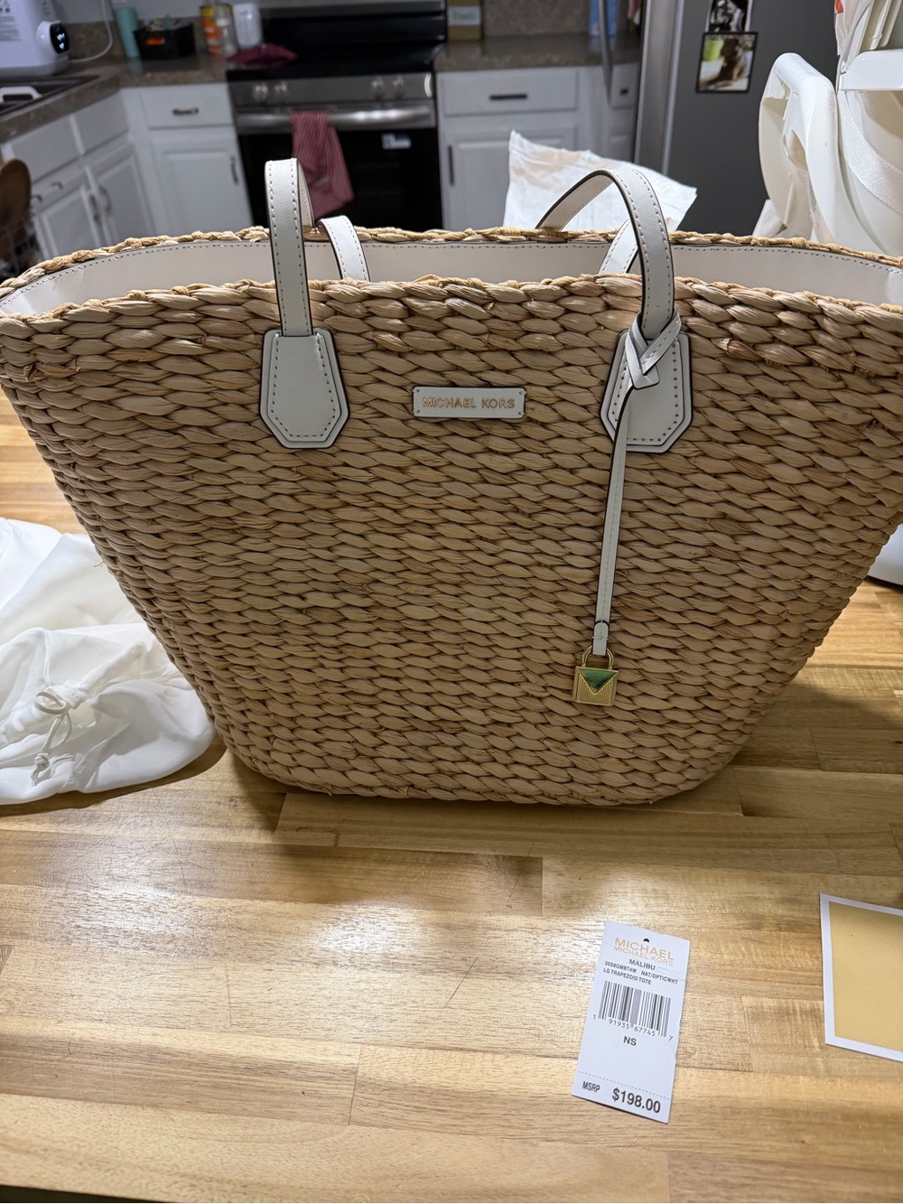 Michael Kors Natural Straw Tote with White Trim